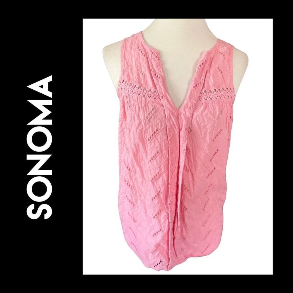 Sonoma Pink Eyelet V-Neck Semi Sheer Sleeveless 100% Cotton Top Size XS